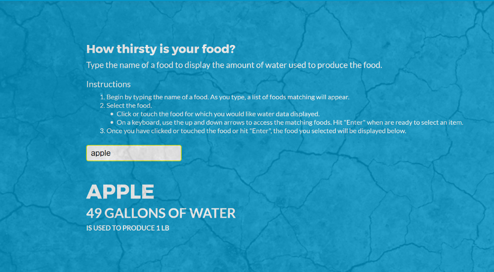 Water calculator for Got Drought showing water usage for a pound of apples